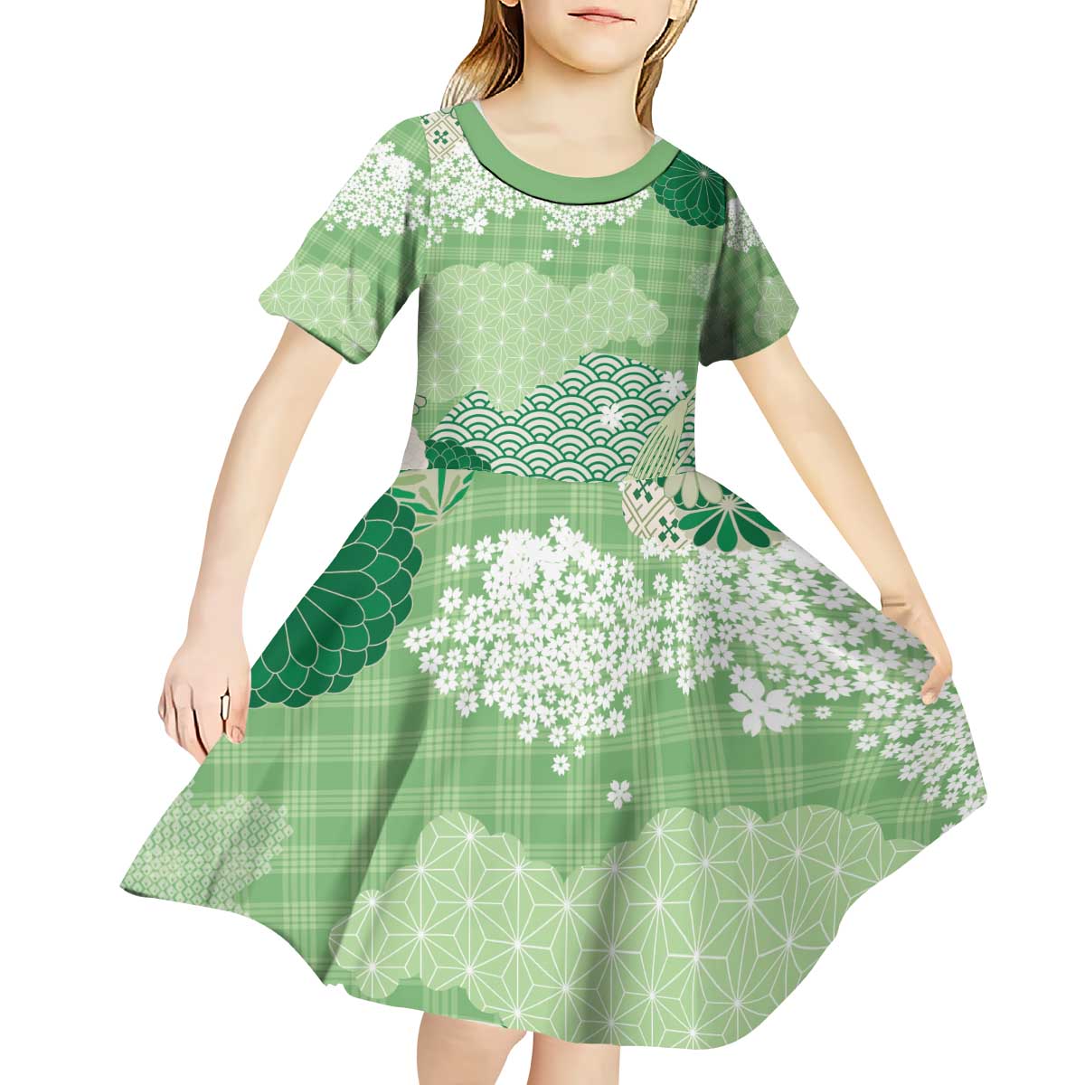 Green Palaka Japanese Patterns Kid Short Sleeve Dress Asanoha Seigaiha Sakura Motif - Polynesian Pride