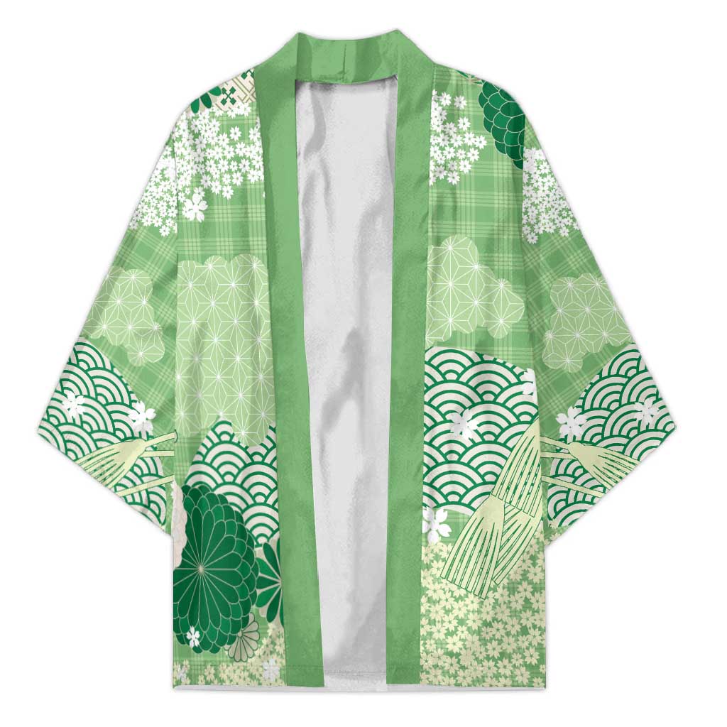 Green Palaka Japanese Patterns Kimono Asanoha Seigaiha Sakura Motif - Polynesian Pride
