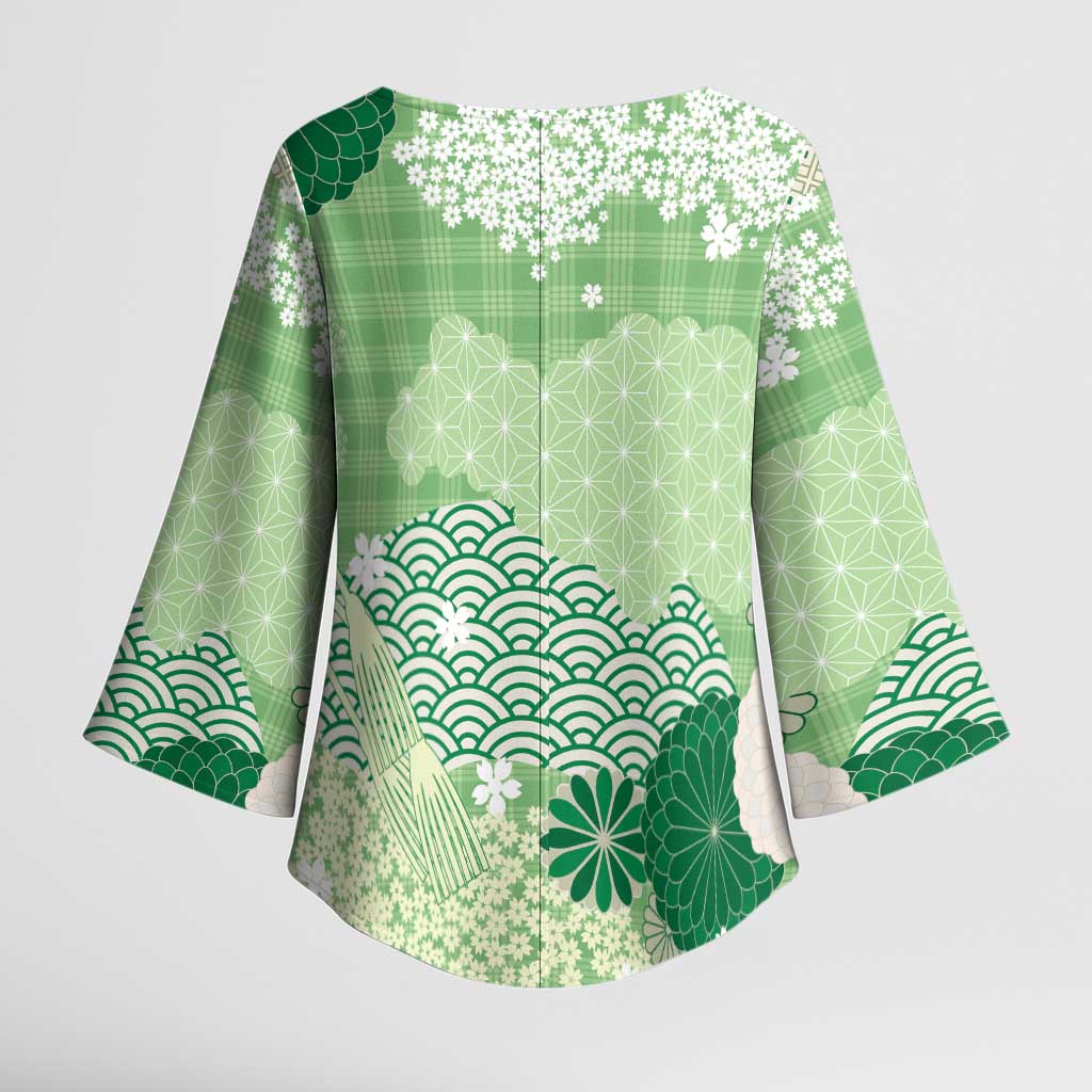 Green Palaka Japanese Patterns Kimono Sleeve Blouse Asanoha Seigaiha Sakura Motif - Polynesian Pride