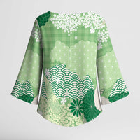 Green Palaka Japanese Patterns Kimono Sleeve Blouse Asanoha Seigaiha Sakura Motif - Polynesian Pride
