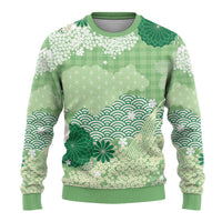 Green Palaka Japanese Patterns Ugly Christmas Sweater Asanoha Seigaiha Sakura Motif - Polynesian Pride