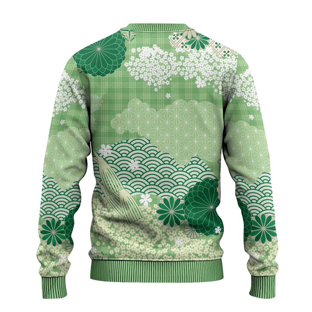 Green Palaka Japanese Patterns Ugly Christmas Sweater Asanoha Seigaiha Sakura Motif - Polynesian Pride