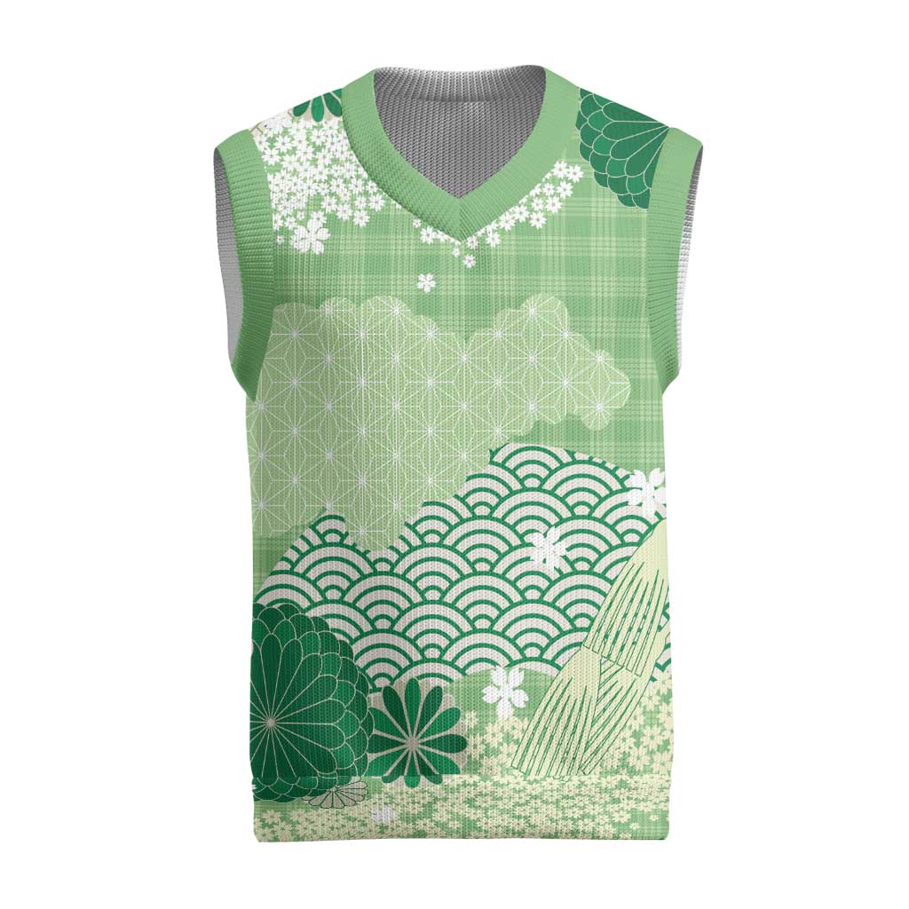 Green Palaka Japanese Patterns Christmas Knitted V-Neck Vest Asanoha Seigaiha Sakura Motif - Polynesian Pride