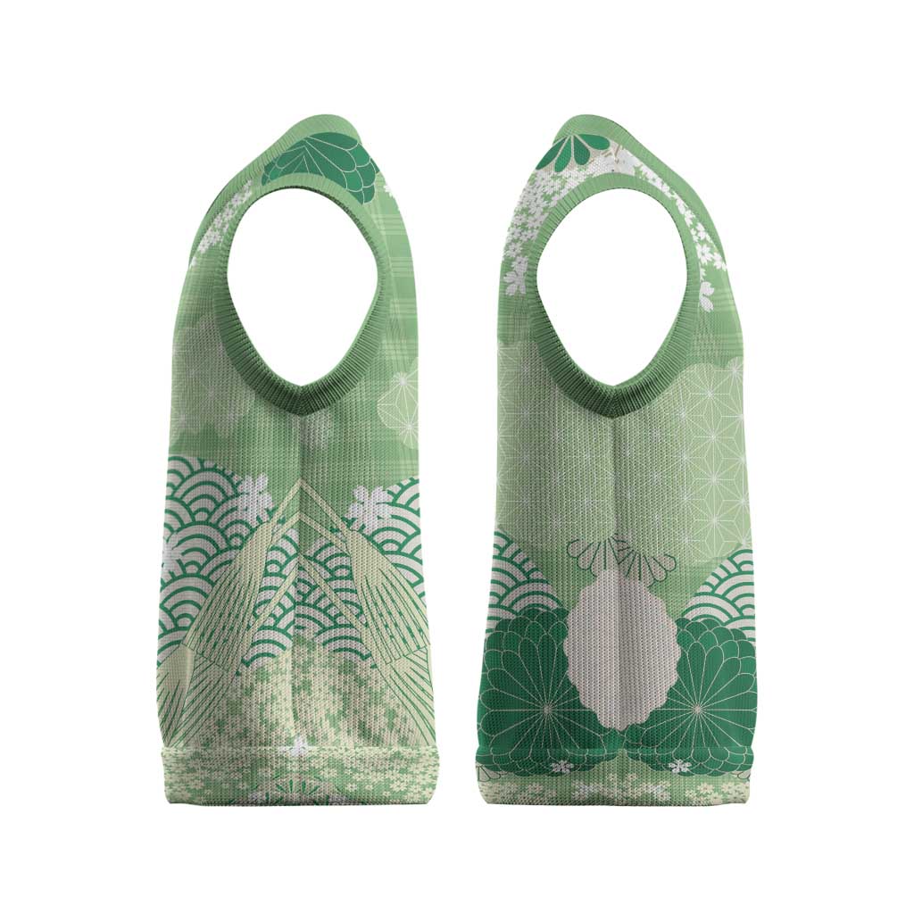 Green Palaka Japanese Patterns Christmas Knitted V-Neck Vest Asanoha Seigaiha Sakura Motif - Polynesian Pride