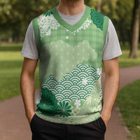 Green Palaka Japanese Patterns Christmas Knitted V-Neck Vest Asanoha Seigaiha Sakura Motif - Polynesian Pride