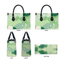 Green Palaka Japanese Patterns Leather Bag Asanoha Seigaiha Sakura Motif - Polynesian Pride