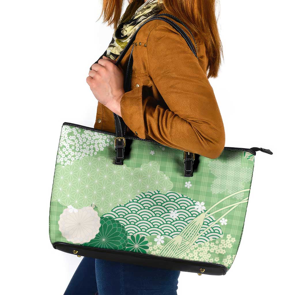 Green Palaka Japanese Patterns Leather Tote Bag Asanoha Seigaiha Sakura Motif - Polynesian Pride