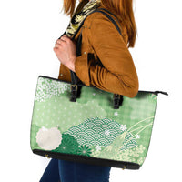 Green Palaka Japanese Patterns Leather Tote Bag Asanoha Seigaiha Sakura Motif - Polynesian Pride