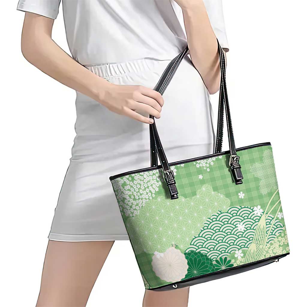 Green Palaka Japanese Patterns Leather Tote Bag Asanoha Seigaiha Sakura Motif - Polynesian Pride