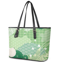 Green Palaka Japanese Patterns Leather Tote Bag Asanoha Seigaiha Sakura Motif - Polynesian Pride