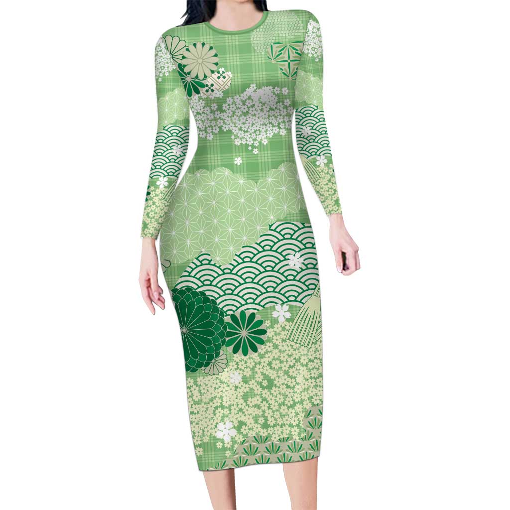 japanese bodycon dress Green Palaka Japanese Patterns Long Sleeve Bodycon Dress Asanoha Seigaiha  Sakura Motif