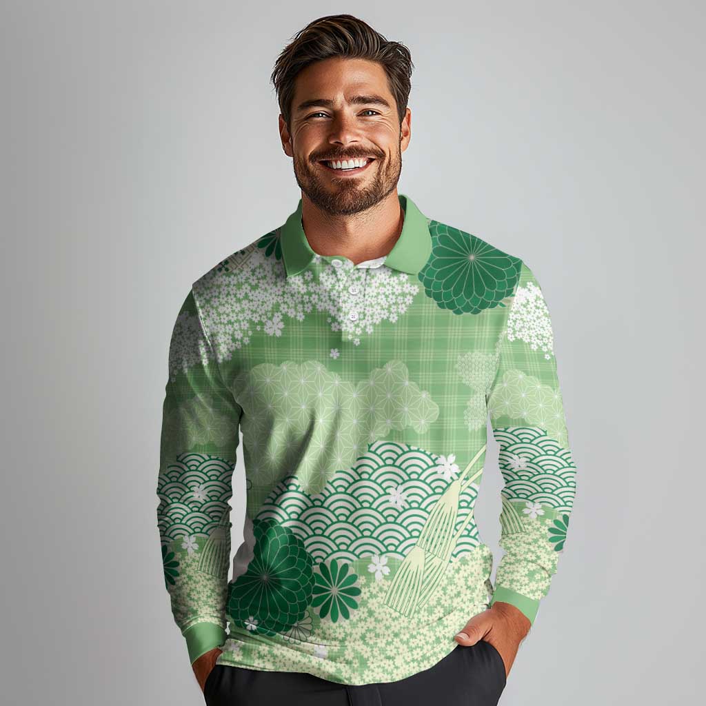 Green Palaka Japanese Patterns Long Sleeve Polo Shirt Asanoha Seigaiha Sakura Motif - Polynesian Pride