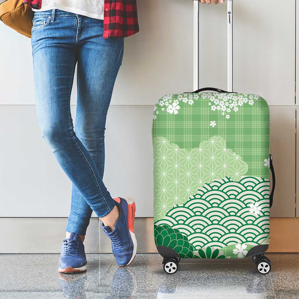 Green Palaka Japanese Patterns Luggage Cover Asanoha Seigaiha Sakura Motif - Polynesian Pride