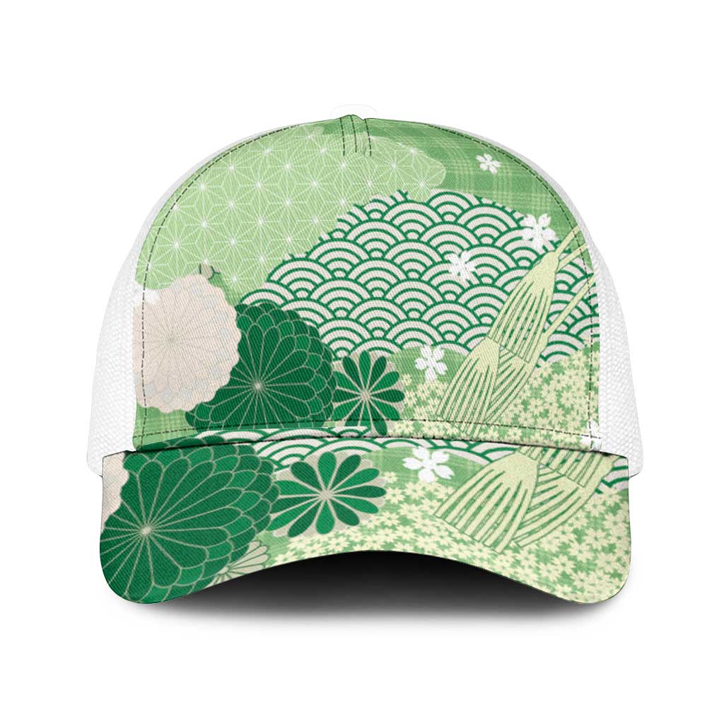 Green Japanese Traditional Motifs Mesh Trucker Cap Palaka With Asanoha Seigaiha Sakura - Polynesian Pride