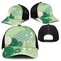 Green Japanese Traditional Motifs Mesh Trucker Cap Palaka With Asanoha Seigaiha Sakura - Polynesian Pride