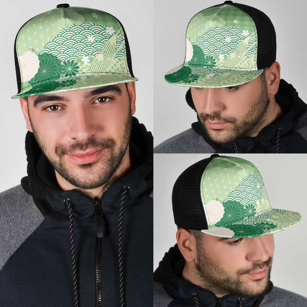 Green Japanese Traditional Motifs Mesh Trucker Cap Palaka With Asanoha Seigaiha Sakura - Polynesian Pride