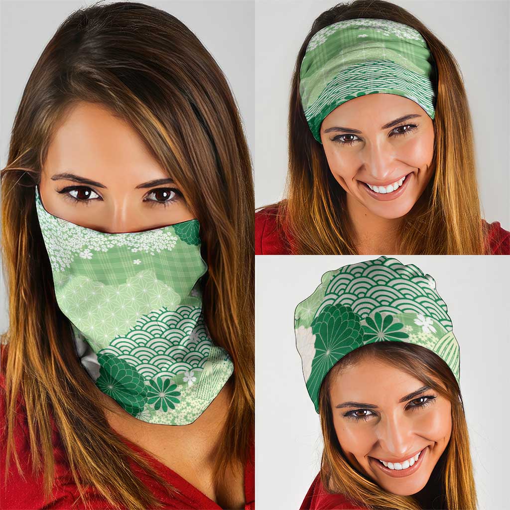 Green Palaka Japanese Patterns Neck Gaiter Asanoha Seigaiha Sakura Motif - Polynesian Pride