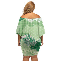 Green Palaka Japanese Patterns Off Shoulder Short Dress Asanoha Seigaiha Sakura Motif - Polynesian Pride