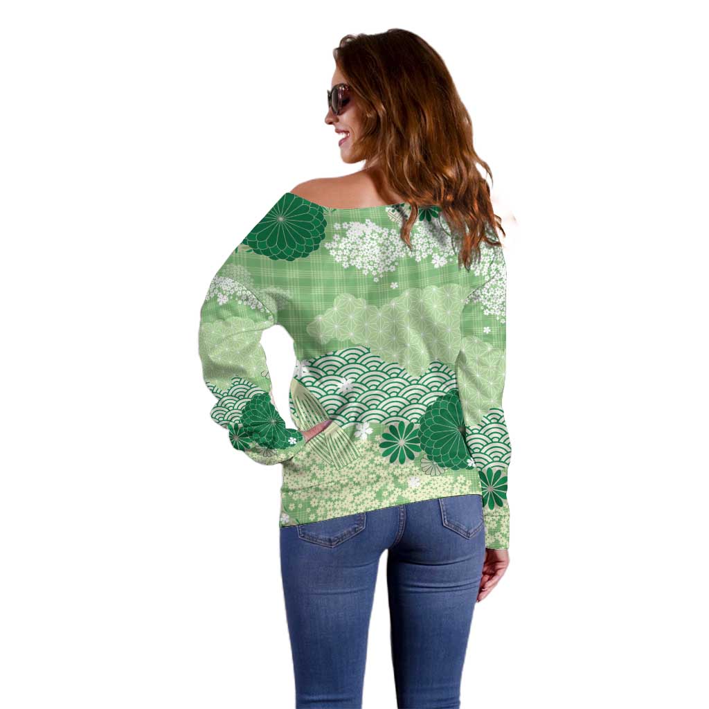 Green Palaka Japanese Patterns Off Shoulder Sweater Asanoha Seigaiha Sakura Motif - Polynesian Pride