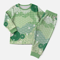 Green Palaka Japanese Patterns Christmas Pajama Set Asanoha Seigaiha Sakura Motif - Polynesian Pride