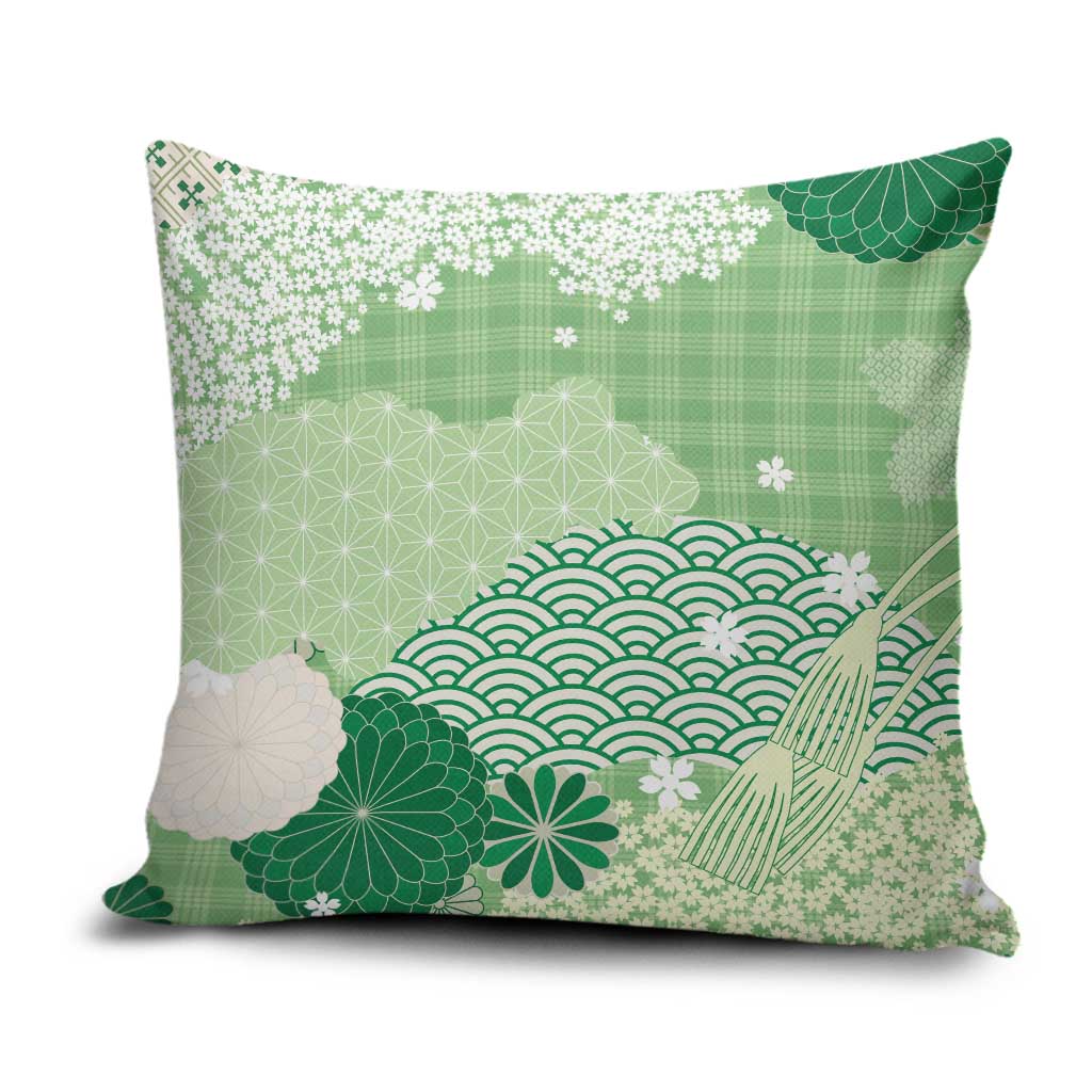 Green Palaka Japanese Patterns Pillow Cover Asanoha Seigaiha Sakura Motif - Polynesian Pride