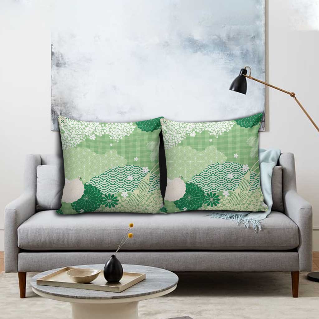 Green Palaka Japanese Patterns Pillow Cover Asanoha Seigaiha Sakura Motif - Polynesian Pride
