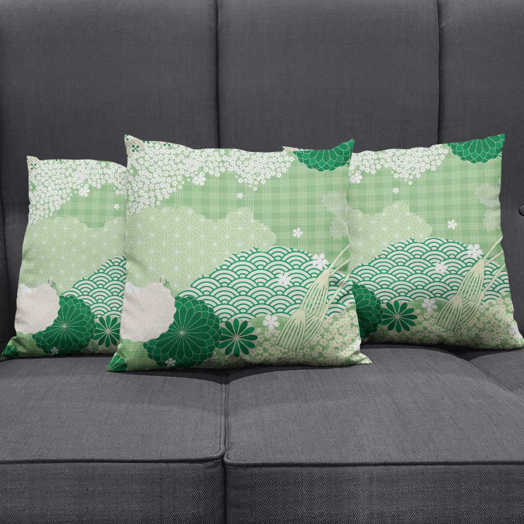 Green Palaka Japanese Patterns Pillow Cover Asanoha Seigaiha Sakura Motif - Polynesian Pride