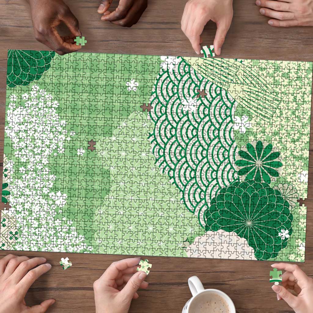 Green Palaka Japanese Patterns Puzzle Asanoha Seigaiha Sakura Motif - Polynesian Pride