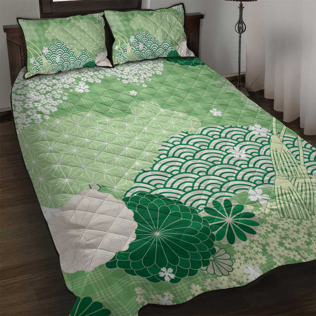 Green Palaka Japanese Patterns Quilt Bed Set Asanoha Seigaiha Sakura Motif LT14 Green - Polynesian Pride