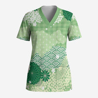 Green Palaka Japanese Patterns Scrub Top Asanoha Seigaiha Sakura Motif - Polynesian Pride
