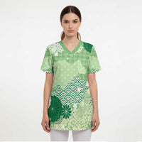 Green Palaka Japanese Patterns Scrub Top Asanoha Seigaiha Sakura Motif - Polynesian Pride