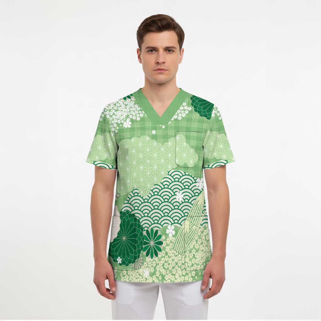 Green Palaka Japanese Patterns Scrub Top Asanoha Seigaiha Sakura Motif - Polynesian Pride