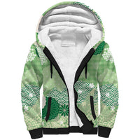 Green Palaka Japanese Patterns Sherpa Hoodie Asanoha Seigaiha Sakura Motif - Polynesian Pride