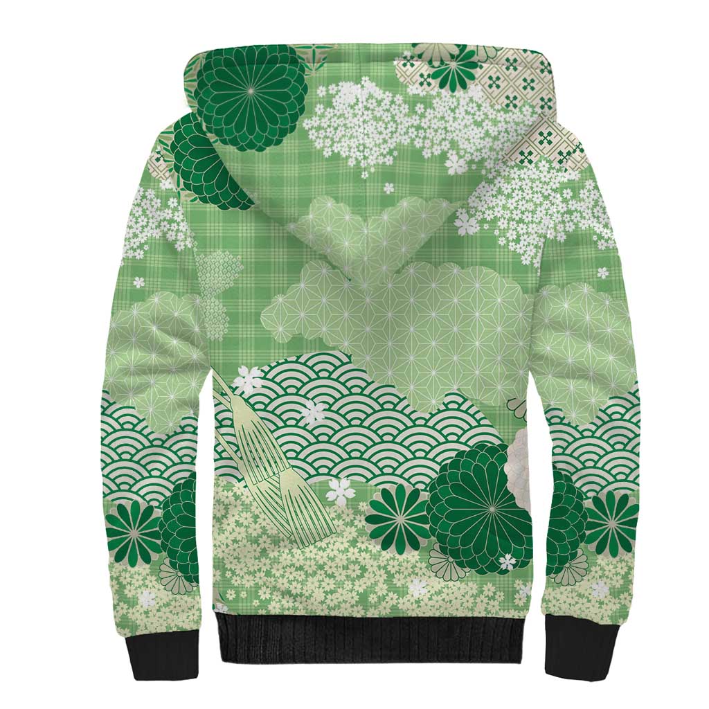 Green Palaka Japanese Patterns Sherpa Hoodie Asanoha Seigaiha Sakura Motif - Polynesian Pride