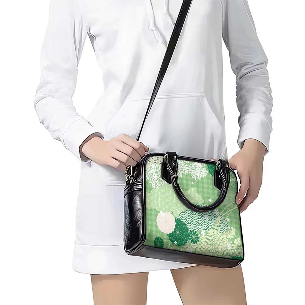 Green Palaka Japanese Patterns Shoulder Handbag Asanoha Seigaiha Sakura Motif - Polynesian Pride