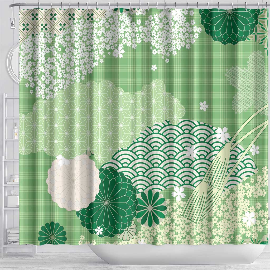 Green Palaka Japanese Patterns Shower Curtain Asanoha Seigaiha Sakura Motif - Polynesian Pride