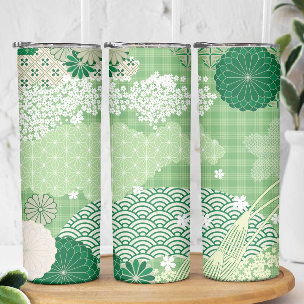 Green Palaka Japanese Patterns Skinny Tumbler Asanoha Seigaiha Sakura Motif - Polynesian Pride