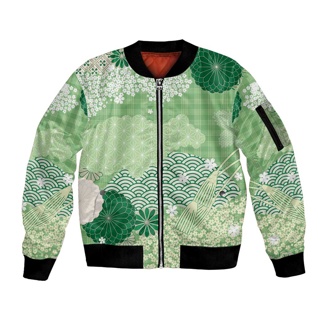 Green Palaka Japanese Patterns Sleeve Zip Bomber Jacket Asanoha Seigaiha Sakura Motif - Polynesian Pride