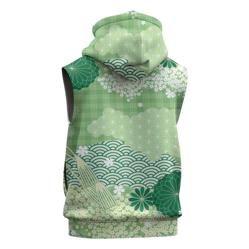 Green Palaka Japanese Patterns Sleeveless Hoodie Asanoha Seigaiha Sakura Motif - Polynesian Pride