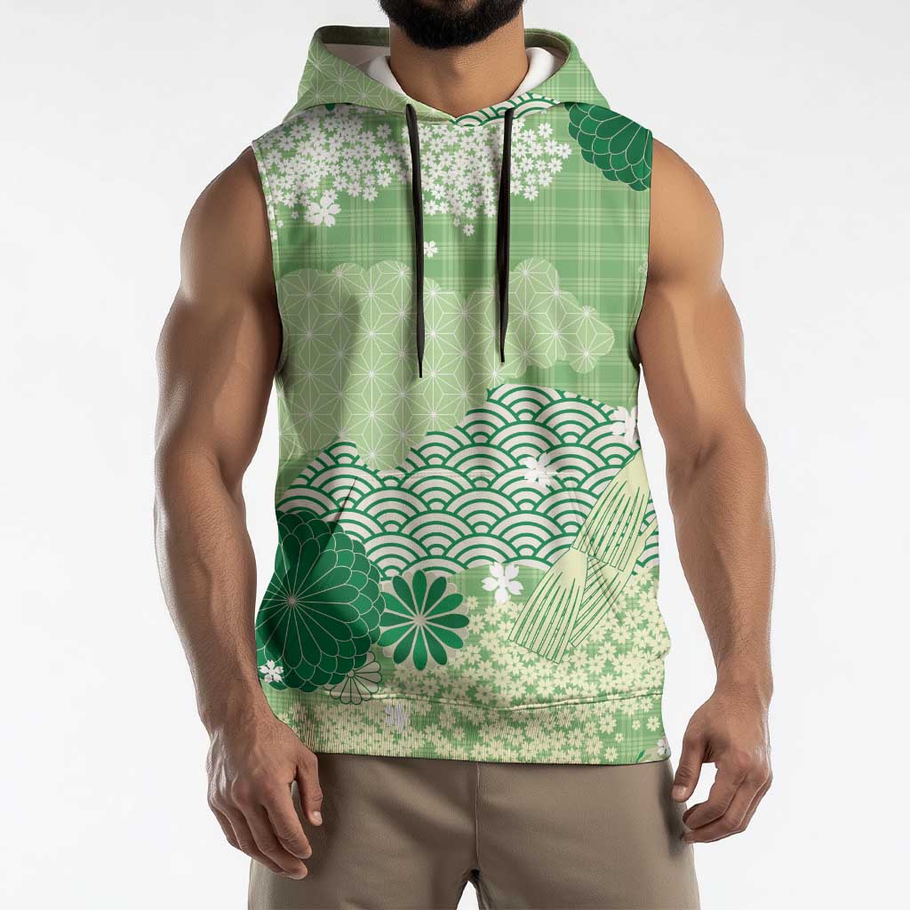 Green Palaka Japanese Patterns Sleeveless Hoodie Asanoha Seigaiha Sakura Motif - Polynesian Pride