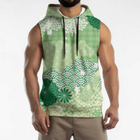 Green Palaka Japanese Patterns Sleeveless Hoodie Asanoha Seigaiha Sakura Motif - Polynesian Pride