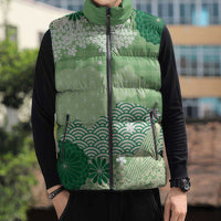 Green Palaka Japanese Patterns Sleeveless Puffer Jacket Asanoha Seigaiha Sakura Motif - Polynesian Pride