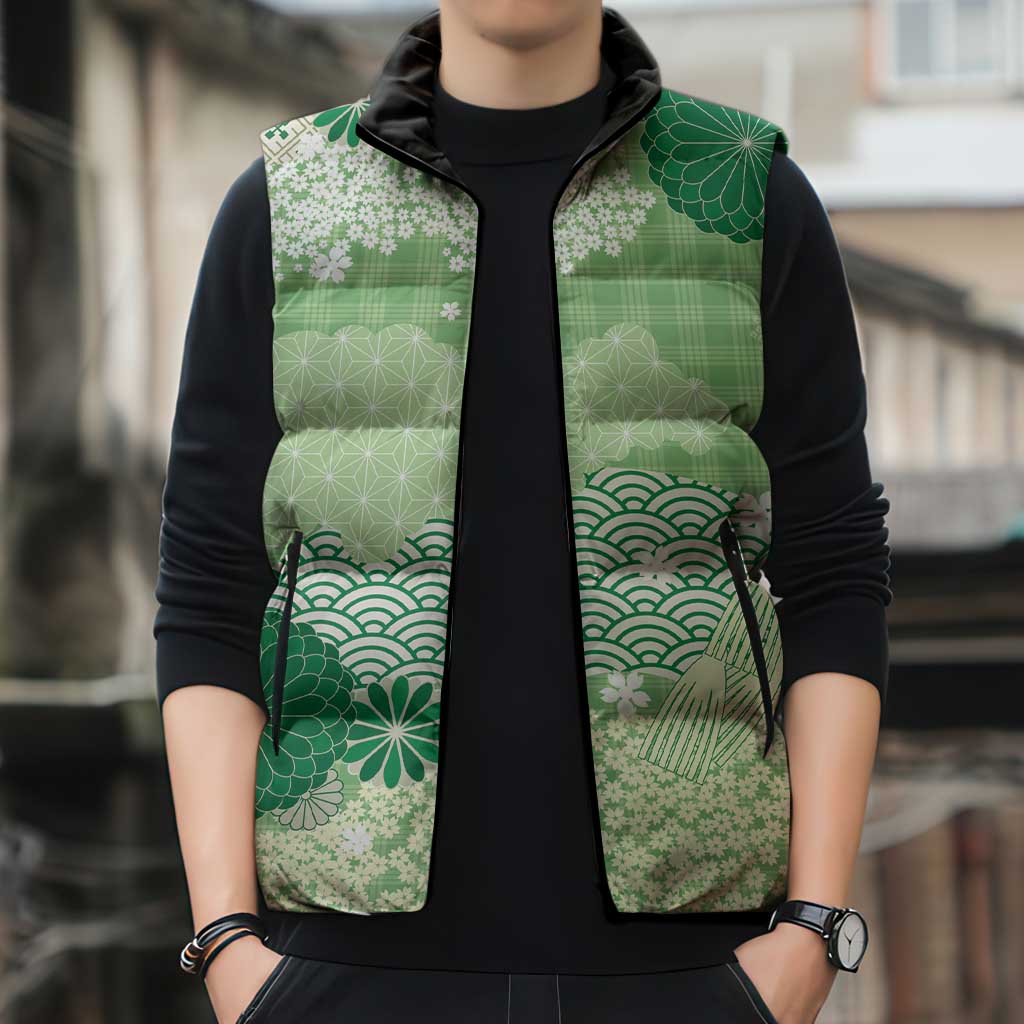 Green Palaka Japanese Patterns Sleeveless Puffer Jacket Asanoha Seigaiha Sakura Motif - Polynesian Pride