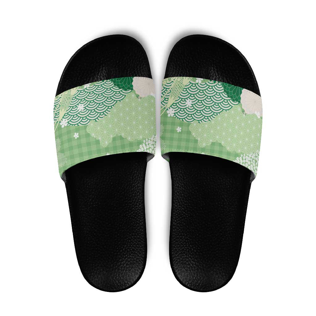 Green Palaka Japanese Patterns Slide Sandals Asanoha Seigaiha Sakura Motif LT14 Green - Polynesian Pride