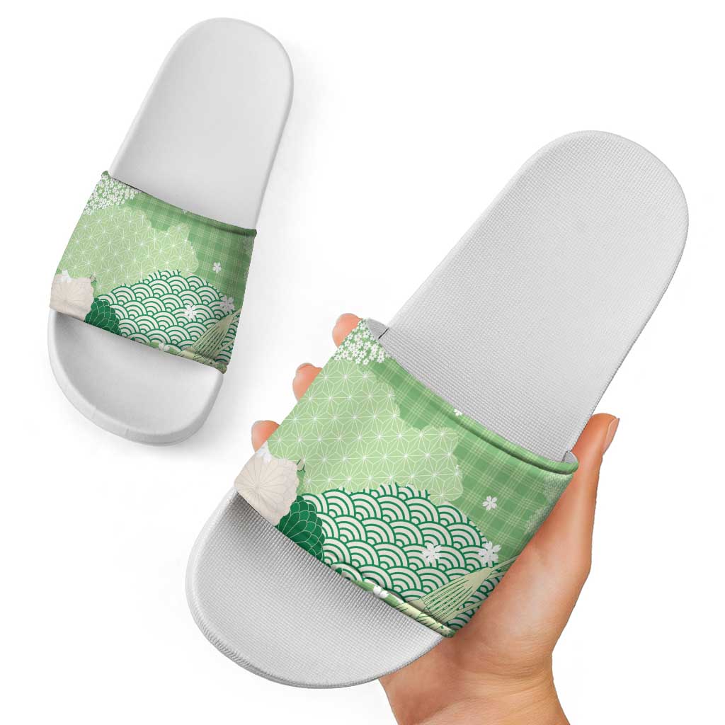 Green Palaka Japanese Patterns Slide Sandals Asanoha Seigaiha Sakura Motif - Polynesian Pride