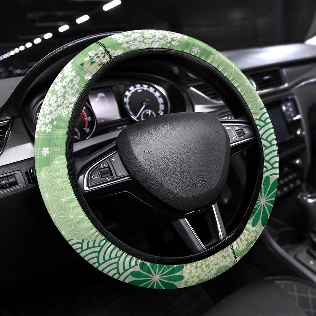 Green Palaka Japanese Patterns Steering Wheel Cover Asanoha Seigaiha Sakura Motif - Polynesian Pride