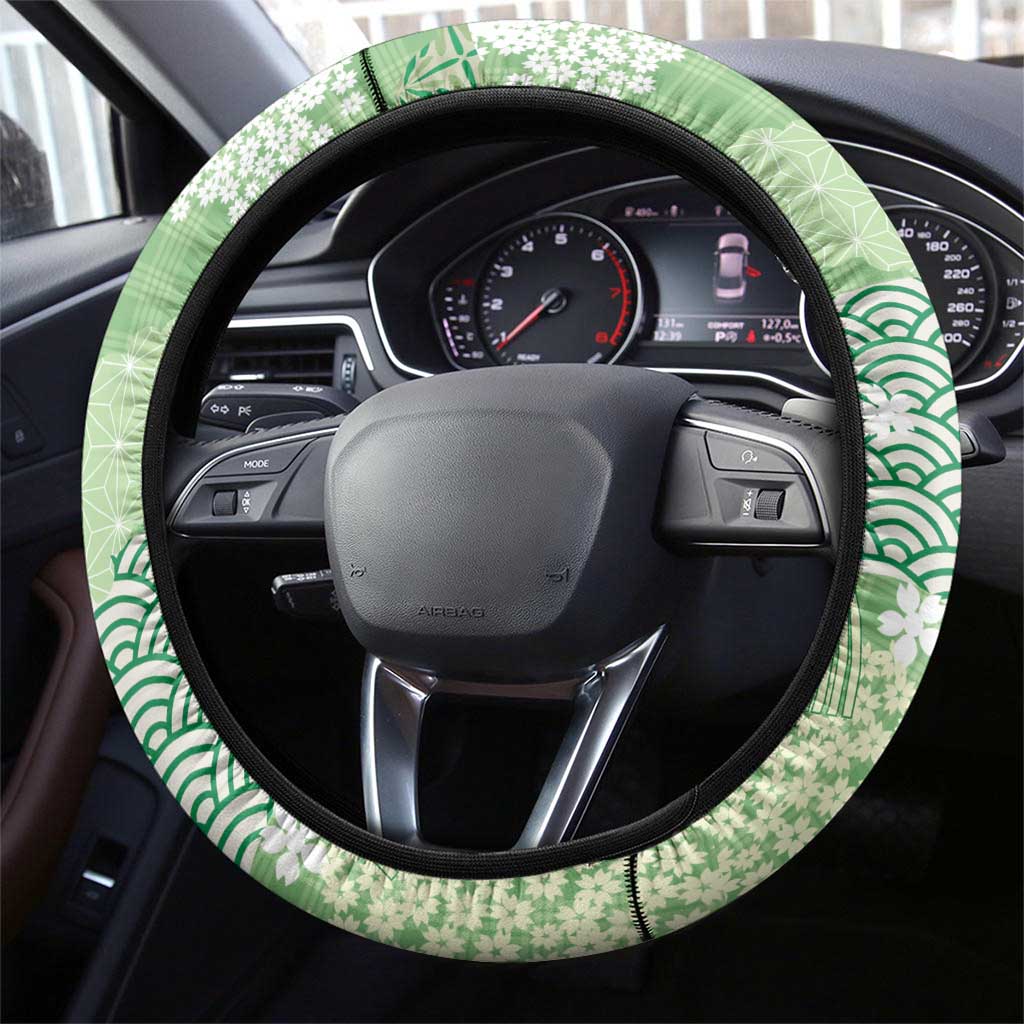 Green Palaka Japanese Patterns Steering Wheel Cover Asanoha Seigaiha Sakura Motif - Polynesian Pride