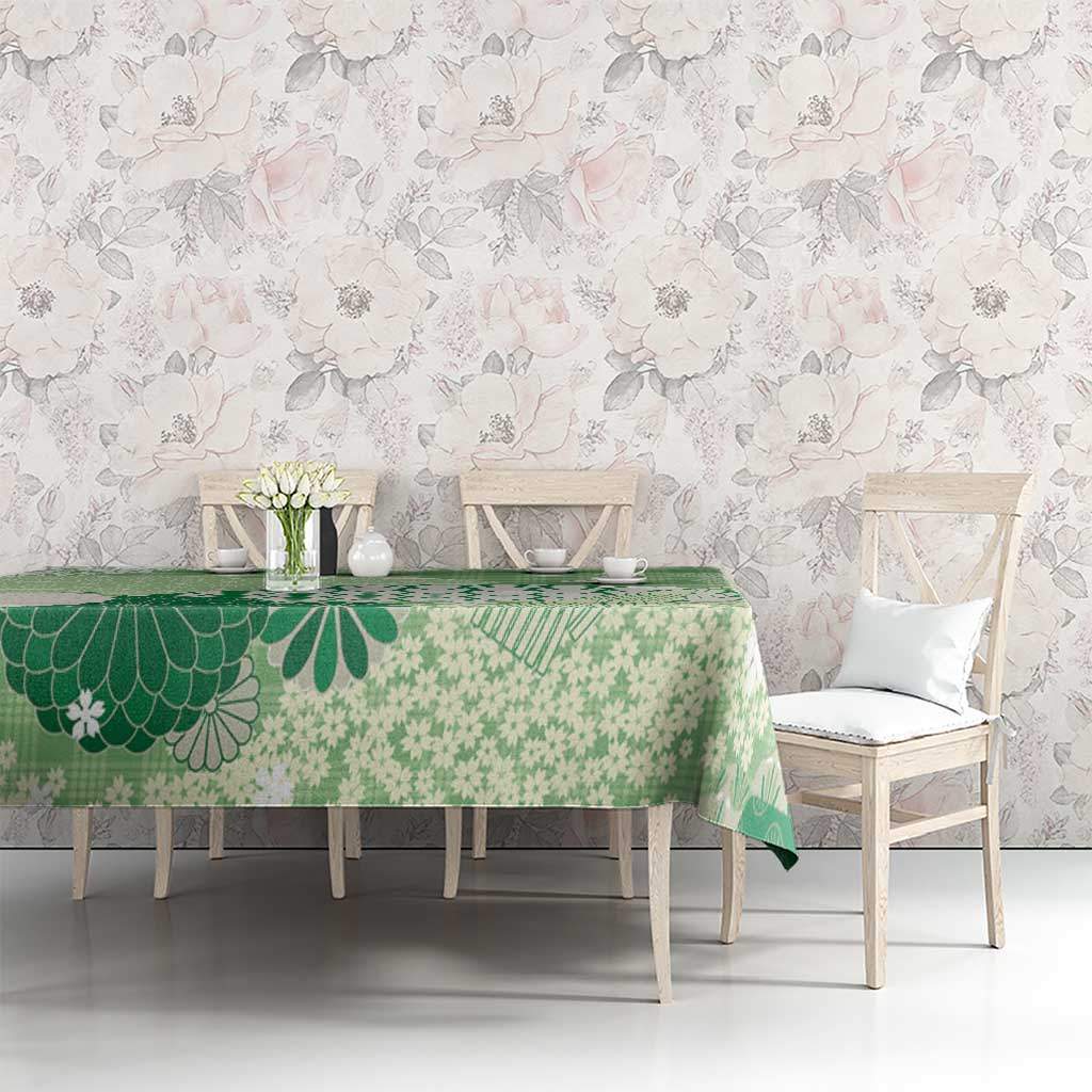 Green Palaka Japanese Patterns Tablecloth Asanoha Seigaiha Sakura Motif - Polynesian Pride