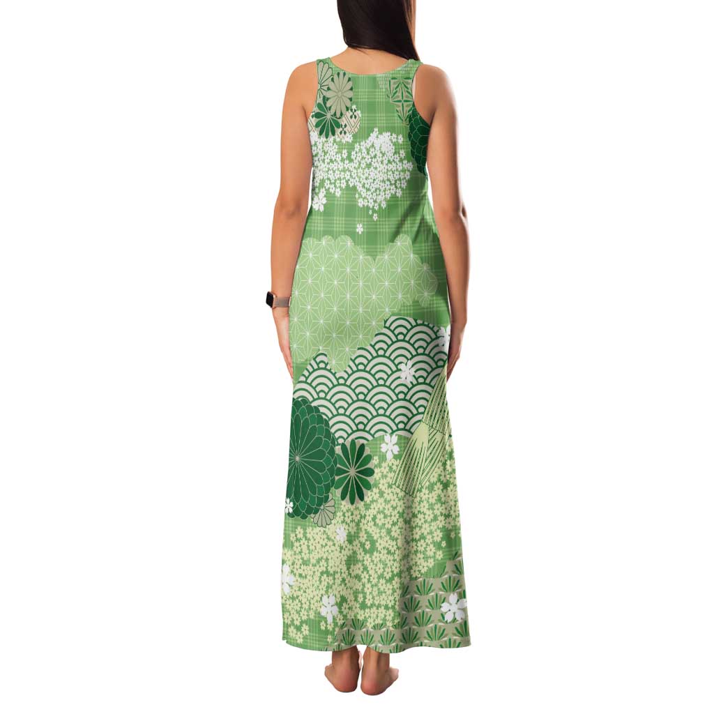 Green Palaka Japanese Patterns Tank Maxi Dress Asanoha Seigaiha Sakura Motif - Polynesian Pride