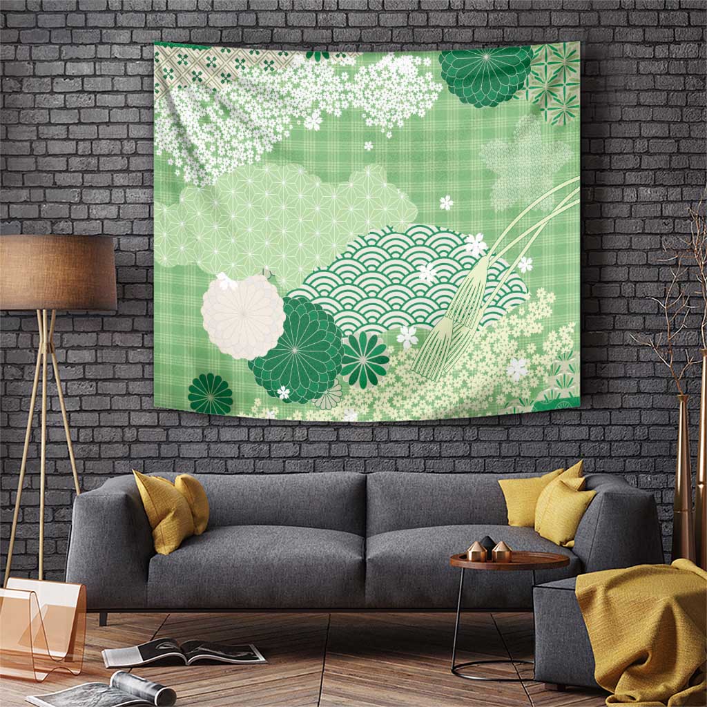 Green Palaka Japanese Patterns Tapestry Asanoha Seigaiha Sakura Motif LT14 Green - Polynesian Pride
